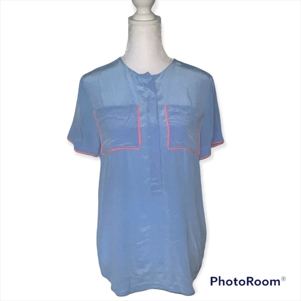 J.Crew Womens 100% Silk Short Sleeve‎ Blouse Blue Pink Piping Top A0405 Size 2